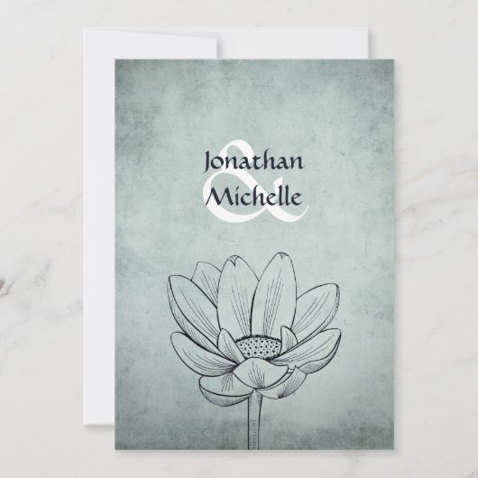 シンプルティール（緑がかった色）ロータスフラワーダスティーブルーズ結婚 招待状 (裏面)