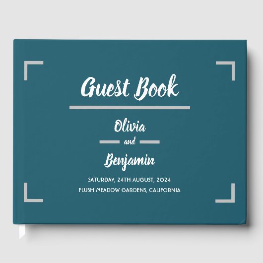シンプルティール（緑がかった色）手書きスクリプ結婚ト ゲストブック (正面)