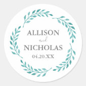 シンプルティール(緑がかった色)水彩植物性つる植物結婚ズ ラウンドシール (正面)