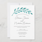 シンプルティール（緑がかった色）水彩植物性つる植物結婚ズ 招待状 (正面)