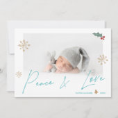 シンプルティール（緑がかった色）金ゴールド平和ラブフォトスノーフレーク シーズンカード (正面)