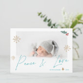 シンプルティール（緑がかった色）金ゴールド平和ラブフォトスノーフレーク シーズンカード (スタンド正面)