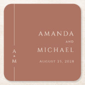 シンプルテラコッタエレガントクラシックモノグラム結婚ズ スクエアペーパーコースター (正面)