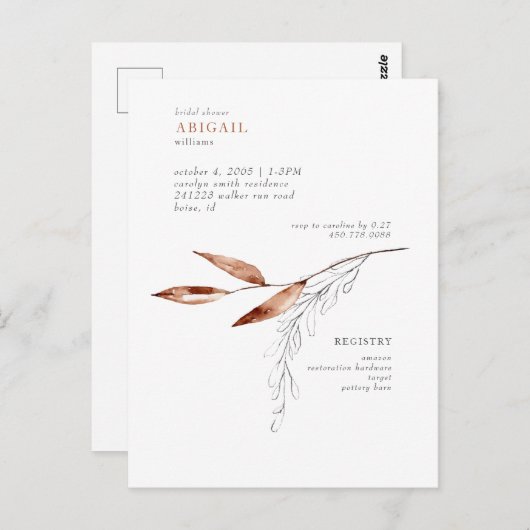 シンプルテラコッタモダンリーフブライダルシャワー ポストカード (正面/裏面)