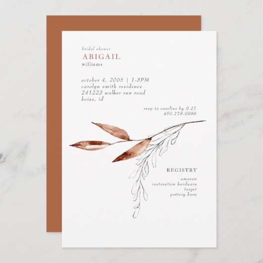 シンプルテラコッタモダンリーフブライダルシャワー 招待状 (正面/裏面)