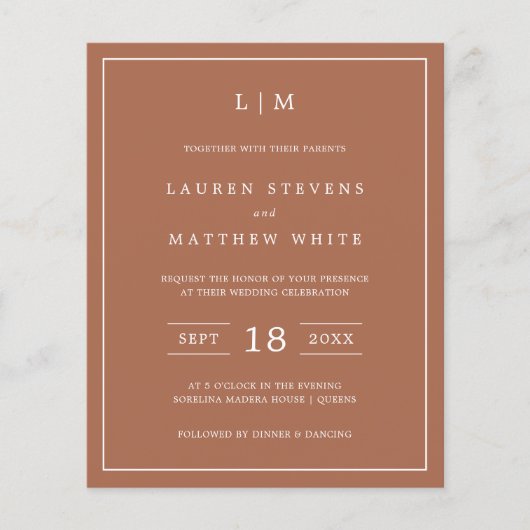 シンプルテラコッタモノグラムバジェットウェディング招待 (正面)