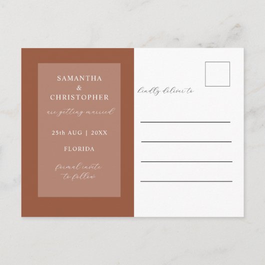 シンプルテラコッタ日付を保存結婚する 案内ポストカード (裏面)