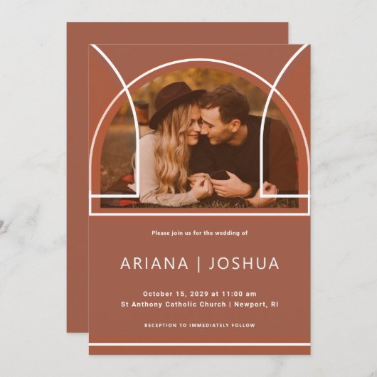 シンプルテラコッタ植物花束とモノグラム 招待状 (正面/裏面)