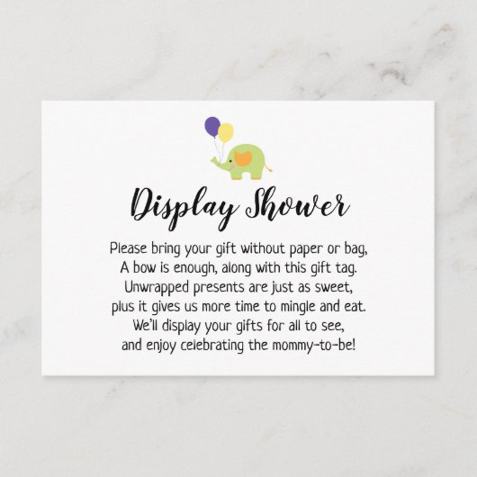 シンプルディスプレイの象付きベビーシャワー挿入 エンクロージャーカード (正面)
