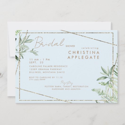 シンプルディバインアイビーブルー&金ゴールドエレガントブライダルシャワー 招待状 (正面)