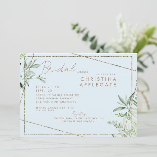 シンプルディバインアイビーブルー&金ゴールドエレガントブライダルシャワー 招待状 (スタンド正面)