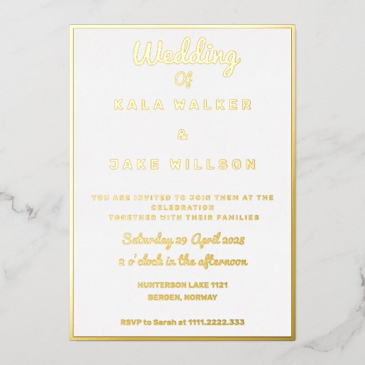 シンプルデカ結婚デント縁どズ 箔招待状 (正面)