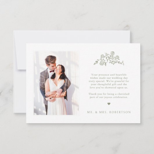 シンプルデリケートフローラタイムレスセージ結婚グリーン サンキューカード (裏面)