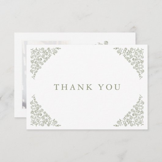 シンプルデリケートフローラタイムレスセージ結婚グリーン サンキューカード (正面/裏面)
