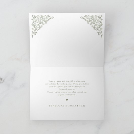 シンプルデリケートフローラタイムレスセージ結婚グリーン サンキューカード (内部)