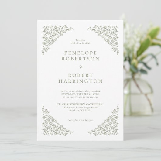 シンプルデリケートフローラタイムレスセージ結婚グリーン 招待状 (スタンド正面)