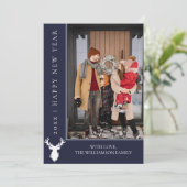 シンプルトナカイ新年のフォトカード |青 シーズンカード (スタンド正面)