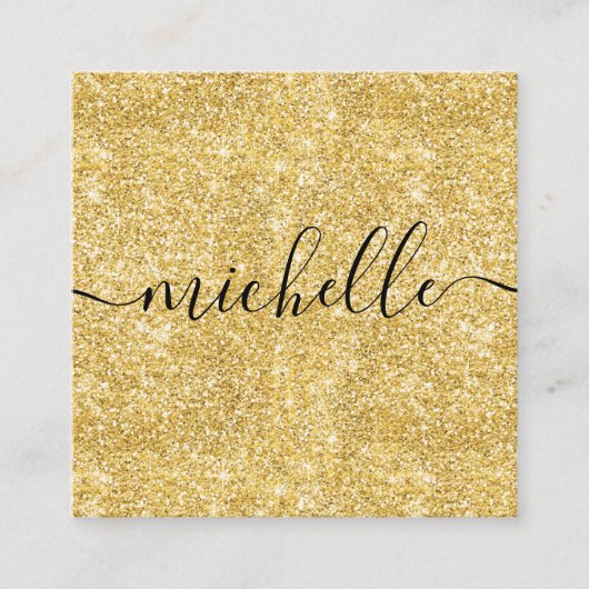 シンプルトレンディー金ゴールドグリッターブラックスクリプト名 スクエア名刺 (正面)