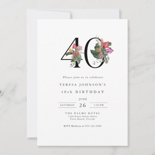 シンプルトロピエレガントカル40歳の誕生日招待状 招待状 (正面)