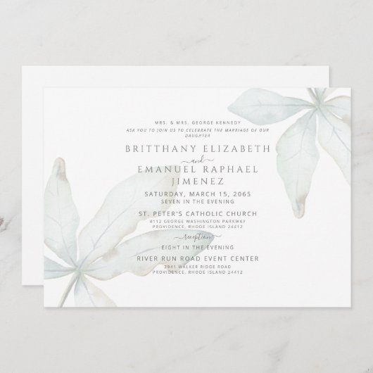 シンプルトロピカルな葉の花嫁の親結婚ズ 招待状 (正面/裏面)