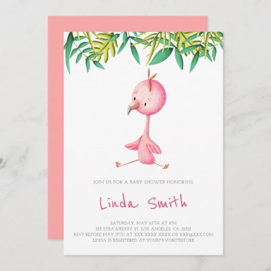 シンプルトロピカルフラミンゴガールベビーシャワー 招待状 (正面/裏面)
