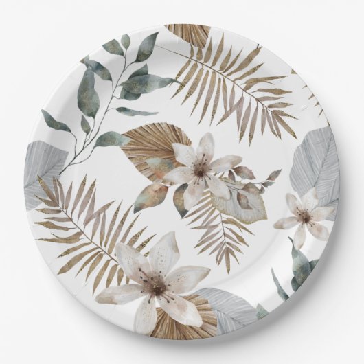 シンプルトロピカル ブライダルシャワープレート | 緑の葉 ペーパープレート (正面)