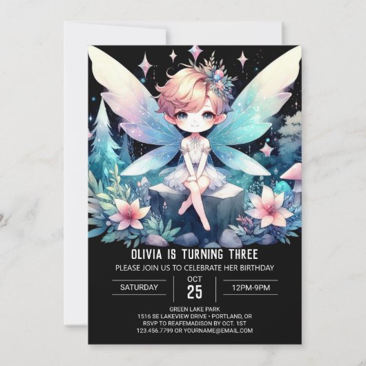 シンプルドリーミーフェアリー誕生日 招待状 (正面)