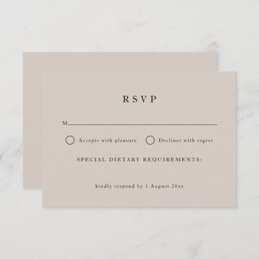 シンプルニュートラルトープ文字オンリーエレガントな結婚式 出欠カード (正面/裏面)