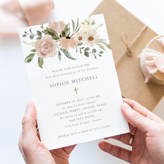 シンプルニュートラル水彩花First Communion 招待状