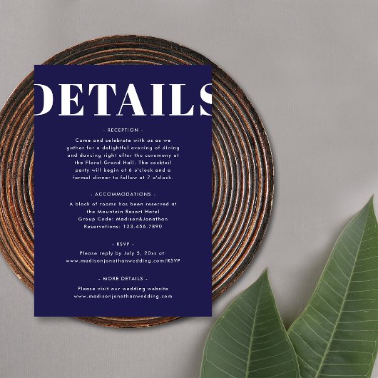 シンプルネイビはっきりしたーモダン結婚ブルー詳細 エンクロージャーカード