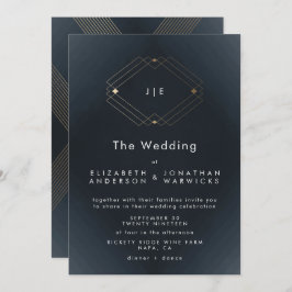 シンプルネイビモダンジオ金ゴールド結婚ズ 招待状