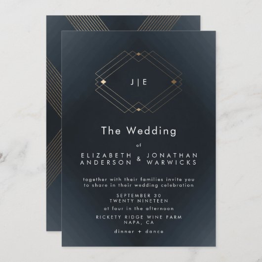 シンプルネイビモダンジオ金ゴールド結婚ズ 招待状 (正面/裏面)