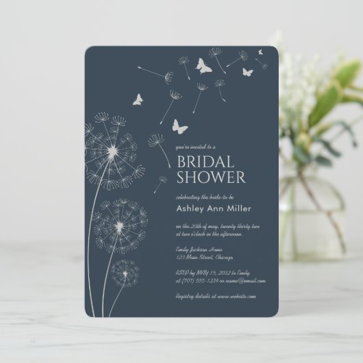 シンプルネイビモダンーブルーダンデリオンブライダルシャワー 招待状 (スタンド正面)
