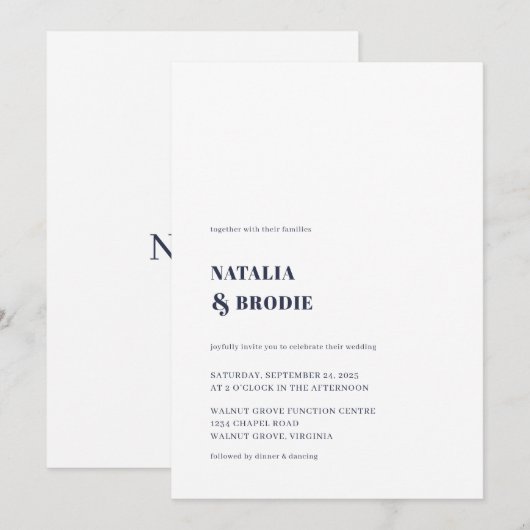 シンプルネイビーブルーとホワイト結婚式招待状 招待状 (正面/裏面)