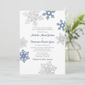 シンプルネイビーブルーシルバーウィンタースノーフレーク結婚ズ 招待状 (スタンド正面)