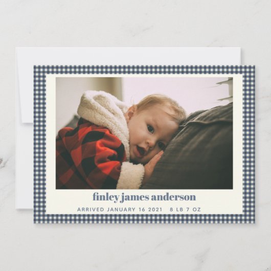 シンプルネイビーブループレイドベビーフォトカスタム誕生 案内状 (正面)
