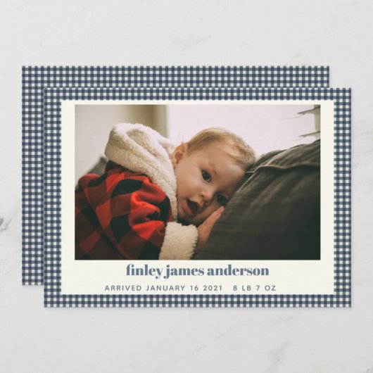 シンプルネイビーブループレイドベビーフォトカスタム誕生 案内状 (正面/裏面)
