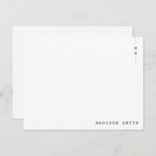 シンプルネイビーブルーモノグラムパーソナライズされた ノートカード (正面/裏面)