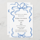 シンプルネイビーブルーリボンフレームブライダルシャワー 招待状 (正面/裏面)