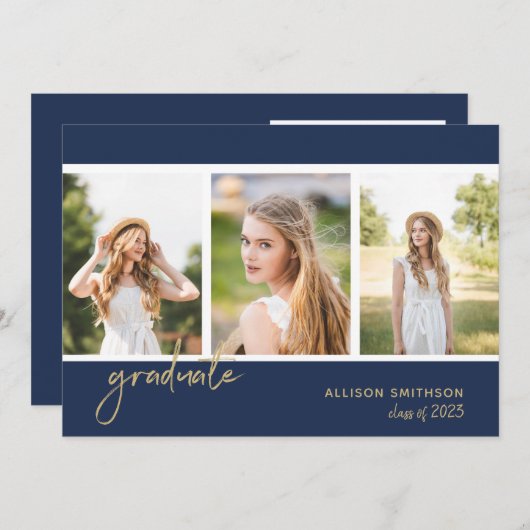 シンプルネイビーブルー卒業党 招待状 (正面/裏面)