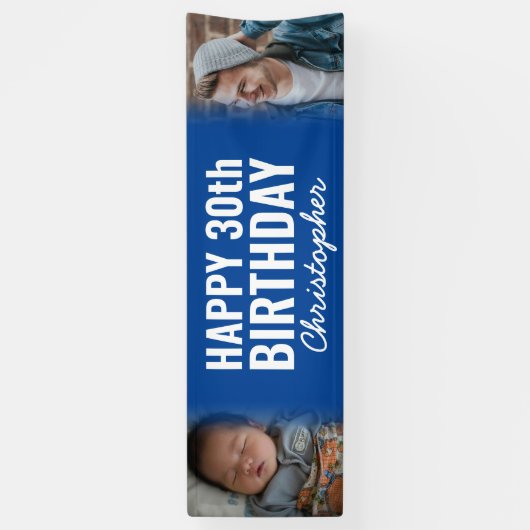 シンプルネイビーブルー2フォトハッピーバースデーパーティー 横断幕 (縦)