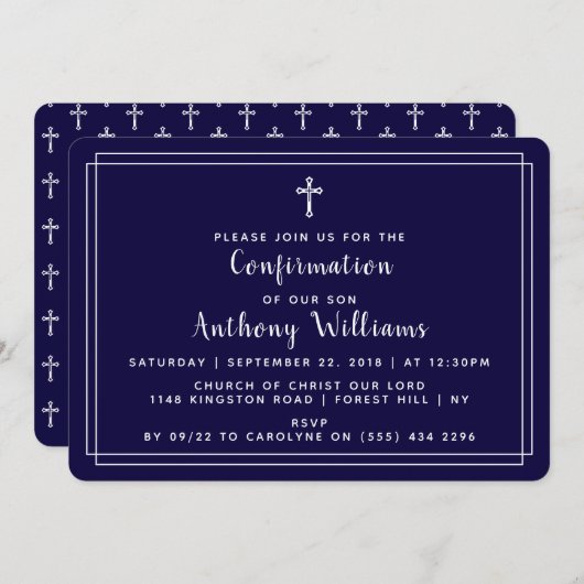 シンプルネイビーブルー&ホワイトホーリークロス確認 招待状 (正面/裏面)