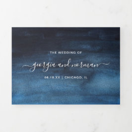 シンプルネイビーモダンブ結婚ブルー 三つ折り招待状