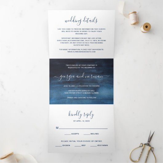 シンプルネイビーモダンブ結婚ブルー 三つ折り招待状 (内部)