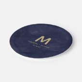 シンプルネイビー水彩画と金ゴールドズ結婚モノグラム ペーパープレート (アングル)