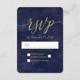 シンプルネイビー水彩金箔結婚式RSVP 出欠カード