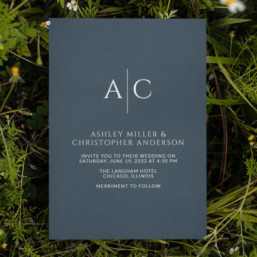 シンプルネイビー結婚ブルーモノグラム 招待状