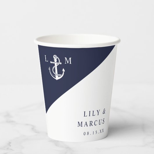 シンプルネイビ航海のーブエレガントルモノグラム結婚ズ 紙コップ (裏面)