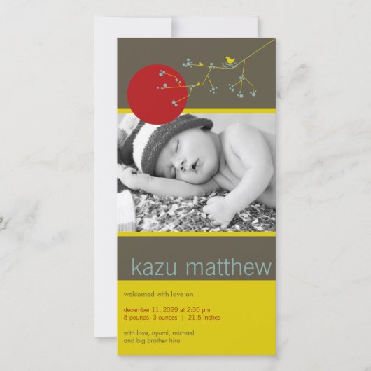 シンプルネスティングバード&ファミリー男の赤ちゃんフォト誕生 案内状 (正面)