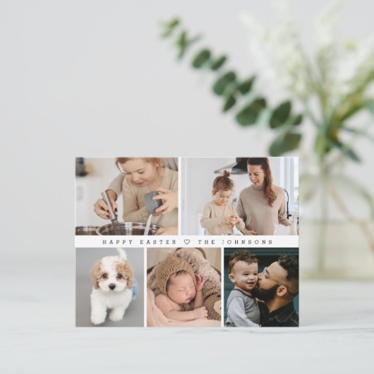 シンプルハッピーイースターモダンファミリー写真コラージュ シーズンポストカード (スタンド正面)